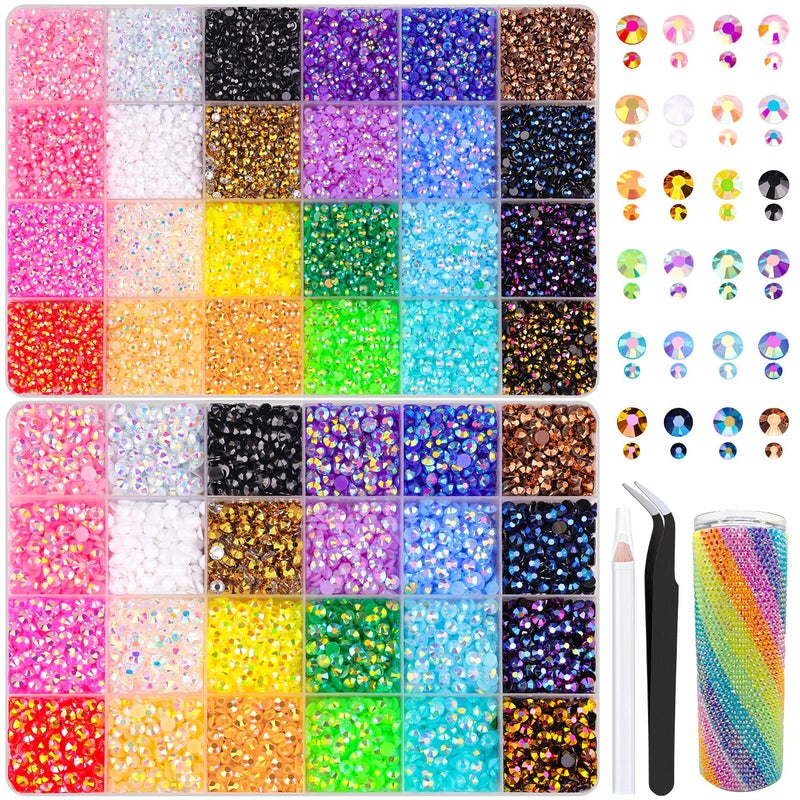 TINKRSTUFF صندوقان من أحجار الجيلاتين للتزيين، 30600 قطعة 3 مم و5 مم متعددة الألوان ظهر مسطح من الراتنج للتزيين، مجموعة أدوات التزيين مع ملقط للأعمال اليدوية والكتب والأقمشة والديكور وفن الأظافر - Image 1