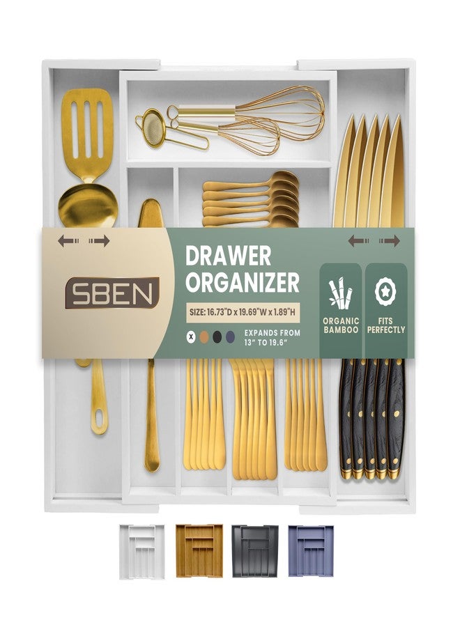 Sben Expandable Drawer Organizer for Utensils Holder, Adjustable Cutlery Tray, 6-8 Slots, Premium Wood Drawer Dividers Organizer for Silverware, Flatware, Knives for Kitchen (White) - Image 1