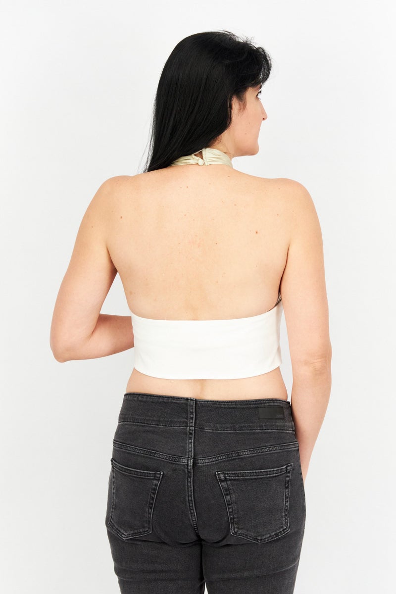 Asos Design Women Halter Neck Sleeveless Textured Crop Top, Beige - Image 3