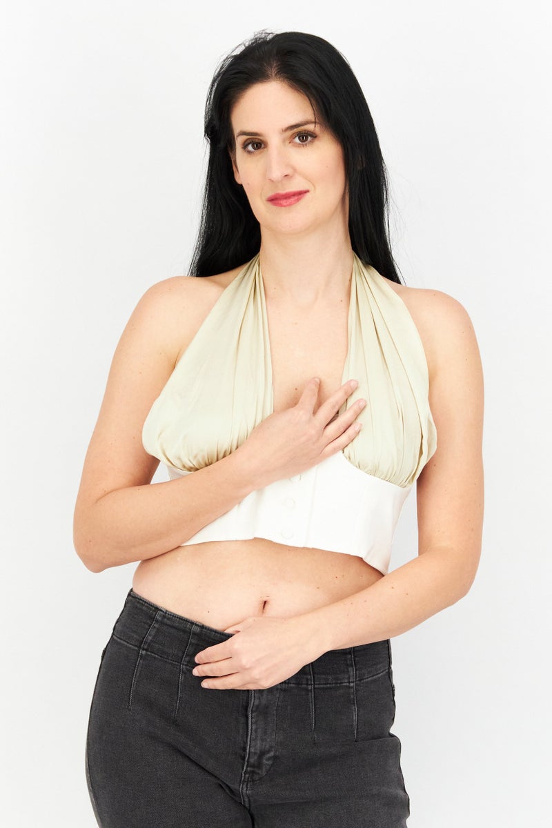 Asos Design Women Halter Neck Sleeveless Textured Crop Top, Beige - Image 1