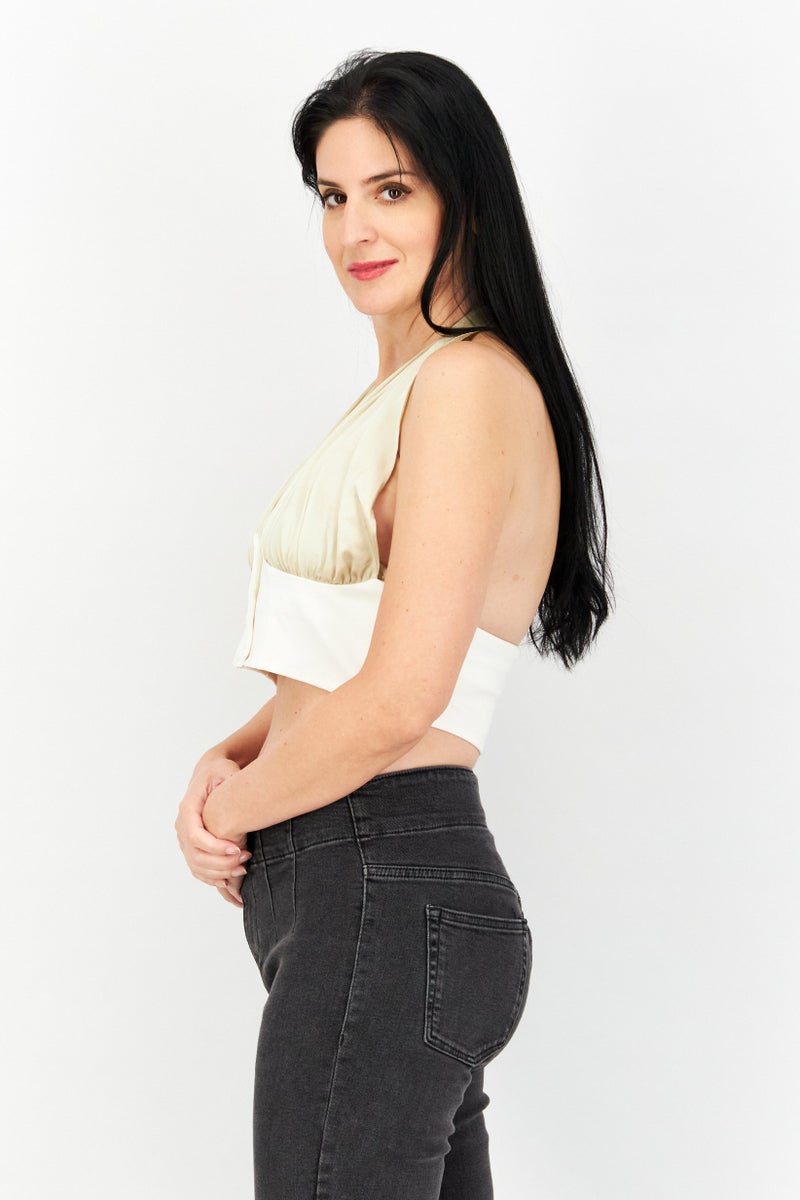 Asos Design Women Halter Neck Sleeveless Textured Crop Top, Beige - Image 2