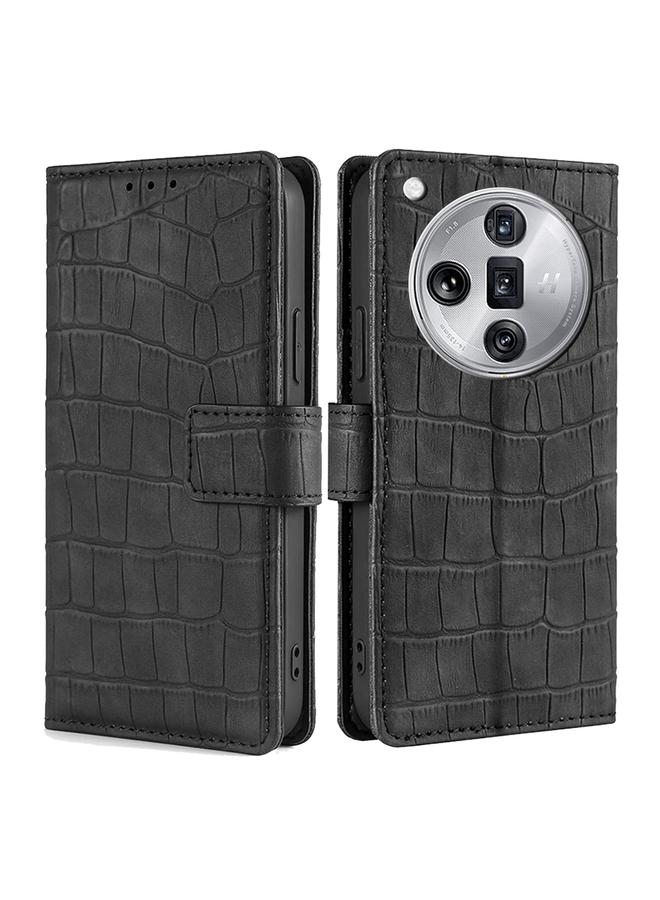 جرين تايجر جراب هاتف جلدي بمشبك مغناطيسي على شكل جلد التمساح لهاتف OPPO Find X7 Ultra 5G (أسود)