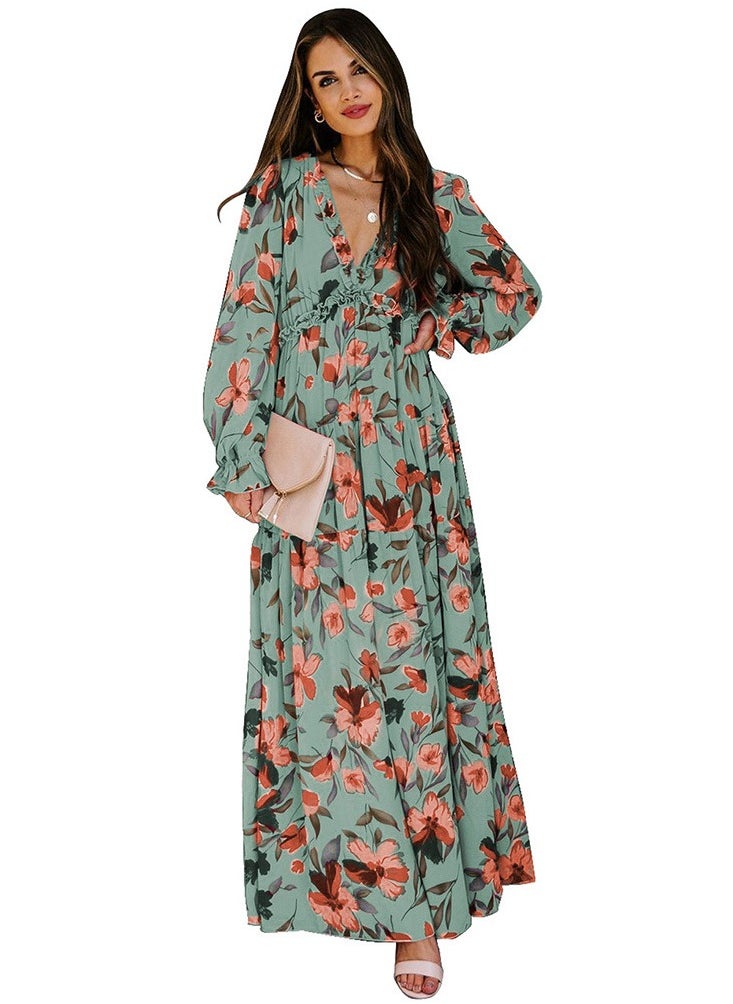 Loquat Thin Gauze Floral Long Sleeved Dress 