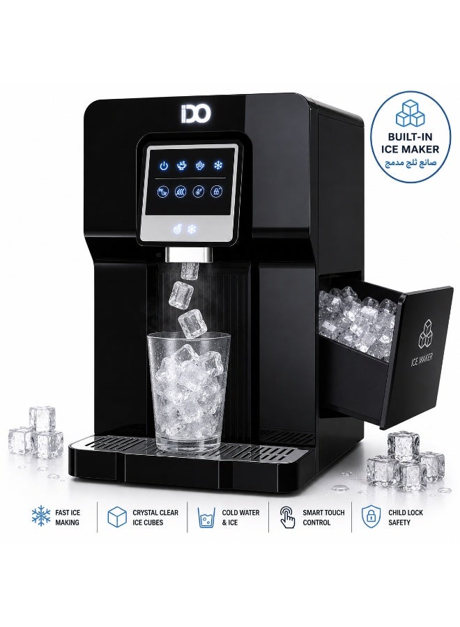 IDO Desktop Water Dispenser with Built-in Ice Maker, Direct Water Connection, Black/Silver – WDIMD502-BK - Image 1