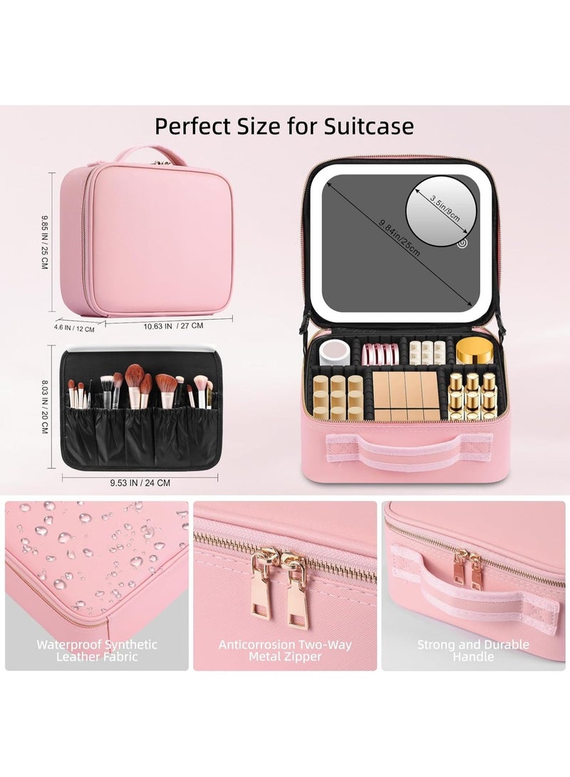 A professional makeup organizer case with a smart LED mirror, ideal for travel and everyday use thanks to its elegant design and high functionality. (Pink) - Image 4