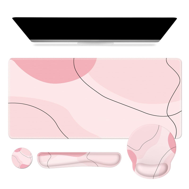 iCasso Large Gaming Mouse Pad Wrist Support Set, Desk Mat, 4in1 XXL Mousepad + Keyboard Wrist Rest+Mouse Wrist Rest+Coaster Set with Ergonomic Design for Home Office Table Computer-Pink Art - Image 1