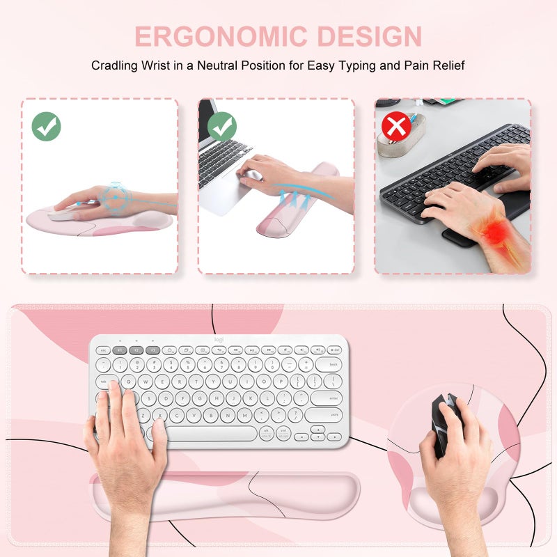 iCasso Large Gaming Mouse Pad Wrist Support Set, Desk Mat, 4in1 XXL Mousepad + Keyboard Wrist Rest+Mouse Wrist Rest+Coaster Set with Ergonomic Design for Home Office Table Computer-Pink Art - Image 3