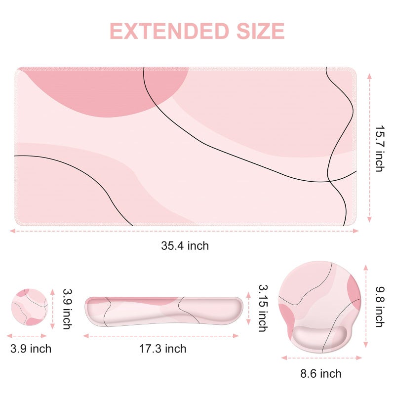 iCasso Large Gaming Mouse Pad Wrist Support Set, Desk Mat, 4in1 XXL Mousepad + Keyboard Wrist Rest+Mouse Wrist Rest+Coaster Set with Ergonomic Design for Home Office Table Computer-Pink Art - Image 2