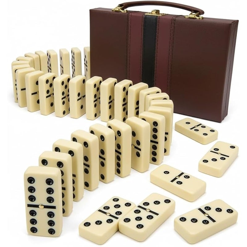Playbees Jumbo Double Six Domino Set - 28 Thick White Tiles - Sophisticated Wooden Vegan Leather Box - Classic Family Game - Math Skills and Strategy - 2-4 Players - Image 1