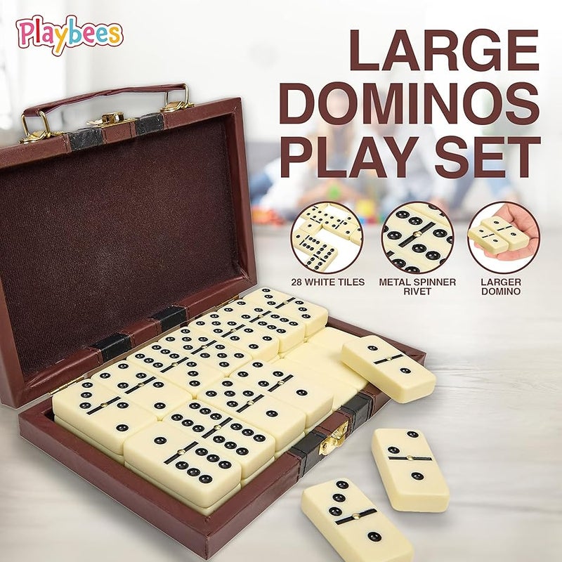 Playbees Jumbo Double Six Domino Set - 28 Thick White Tiles - Sophisticated Wooden Vegan Leather Box - Classic Family Game - Math Skills and Strategy - 2-4 Players - Image 3