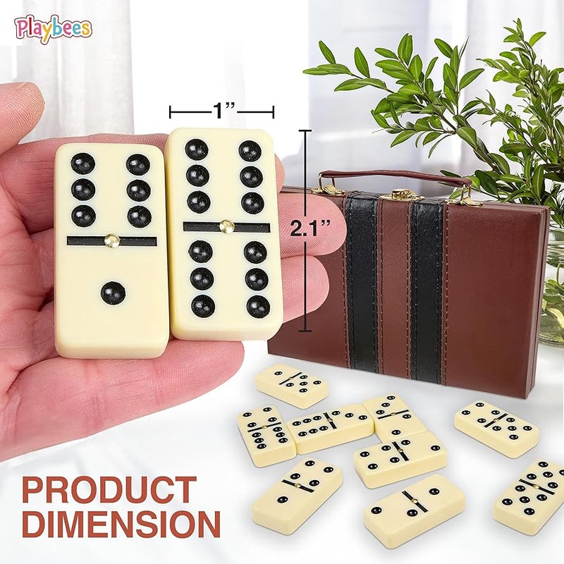 Playbees Jumbo Double Six Domino Set - 28 Thick White Tiles - Sophisticated Wooden Vegan Leather Box - Classic Family Game - Math Skills and Strategy - 2-4 Players - Image 2