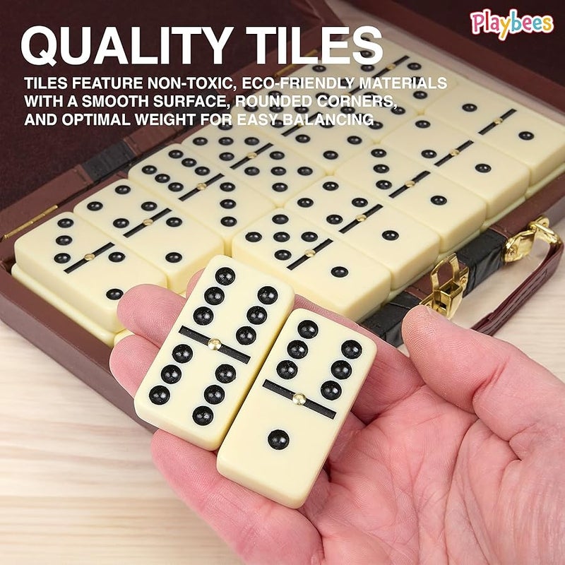 Playbees Jumbo Double Six Domino Set - 28 Thick White Tiles - Sophisticated Wooden Vegan Leather Box - Classic Family Game - Math Skills and Strategy - 2-4 Players - Image 5