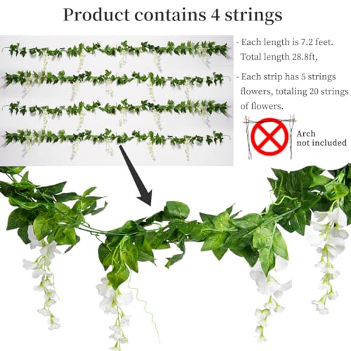 Mavee Artificial Wisteria Vine Garland Hanging Decor - 28.8ft Silk Flowers with Ivy Leaves (4x7.2ft) for Wedding, Home Floral Arrangements - White - Image 5