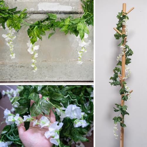 Mavee Artificial Wisteria Vine Garland Hanging Decor - 28.8ft Silk Flowers with Ivy Leaves (4x7.2ft) for Wedding, Home Floral Arrangements - White - Image 3
