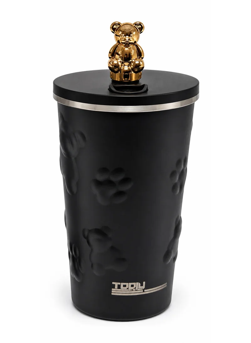 Tooly Stainless Steel Vacuum Insulated Tumbler Mug (600ml) with 3D Gold Bear Lid Topper & Stainless Steel Straw – 12h Hot / 24h Cold / 48h Iced, Leak-Proof, Anti-Slip Base (Matte Black)