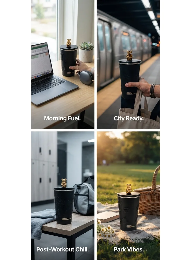 Tooly Stainless Steel Vacuum Insulated Tumbler Mug (600ml) with 3D Gold Bear Lid Topper & Stainless Steel Straw – 12h Hot / 24h Cold / 48h Iced, Leak-Proof, Anti-Slip Base (Matte Black)