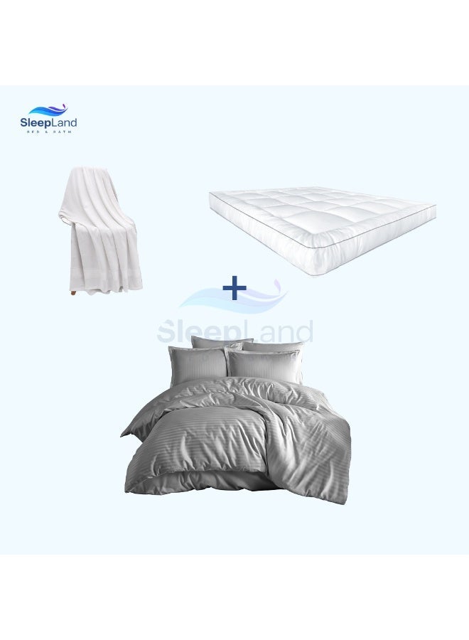 سليب لاند بكج ( لباد فندقي مقاس 200×100 سم ارتفاع 14 سم + منشفة استحمام قطن مقاس 70×140 + مفرش فندقي لون رمادي مقاس 200×140سم ) - Image 1