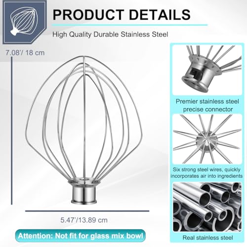 Kainasch 6 QT Stainless Steel Mixer Bowl & K256 Whisk for Kitchen aid 5.5-6 Quart Bowl Lift Stand Mixer Replacement, 6 Wire Whip and Mixing Bowl with Cover for KitchenAid Mixers Attachments - Image 3