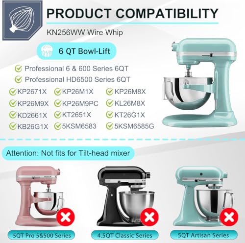 Kainasch 6 QT Stainless Steel Mixer Bowl & K256 Whisk for Kitchen aid 5.5-6 Quart Bowl Lift Stand Mixer Replacement, 6 Wire Whip and Mixing Bowl with Cover for KitchenAid Mixers Attachments - Image 2