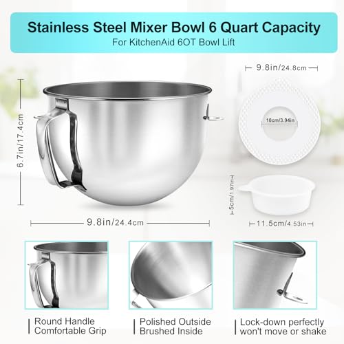 Kainasch 6 QT Stainless Steel Mixer Bowl & K256 Whisk for Kitchen aid 5.5-6 Quart Bowl Lift Stand Mixer Replacement, 6 Wire Whip and Mixing Bowl with Cover for KitchenAid Mixers Attachments - Image 4