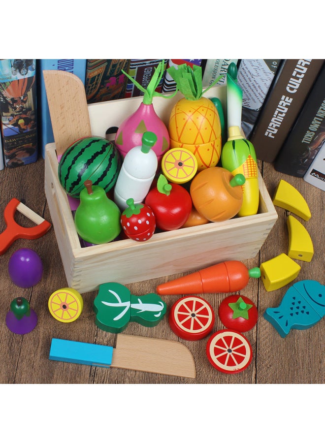Educational Wooden Magnetic Toys For Children Role Play Simulation Fruit And Vegetable Cutting Games Kitchen Blocks Cognitive Development-Specifications:SSG-Barreled 25 Fruits And Vegetables Boxed Cut (Magnetic) - Image 5