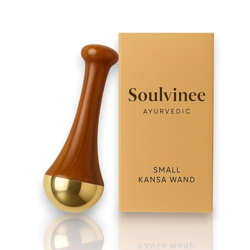 Soulvinee Kansa Wand Massager 2In1 Bronze Cap Traditional Design Face/Foot/Body&Marma Massage Tool Teak Wood Handle Natural (Small&Marma) (S Wand) - Image 1