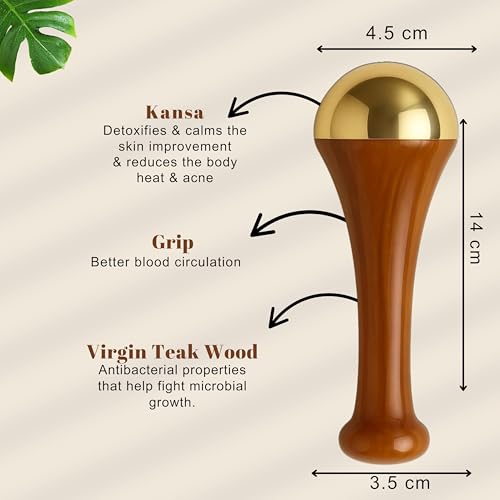 Soulvinee Kansa Wand Massager 2In1 Bronze Cap Traditional Design Face/Foot/Body&Marma Massage Tool Teak Wood Handle Natural (Small&Marma) (S Wand) - Image 3