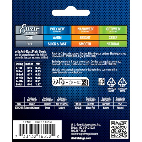 ELIXIR أوتار إليكسير، أوتار جيتار كهربائي، فولاذ مطلي بالنيكل مع طلاء OPTIWEB، نغمة واضحة تدوم طويلاً مع شعور مريح، مجموعة 6 أوتار، 3 عبوات، خفيفة 10-46 - Image 2