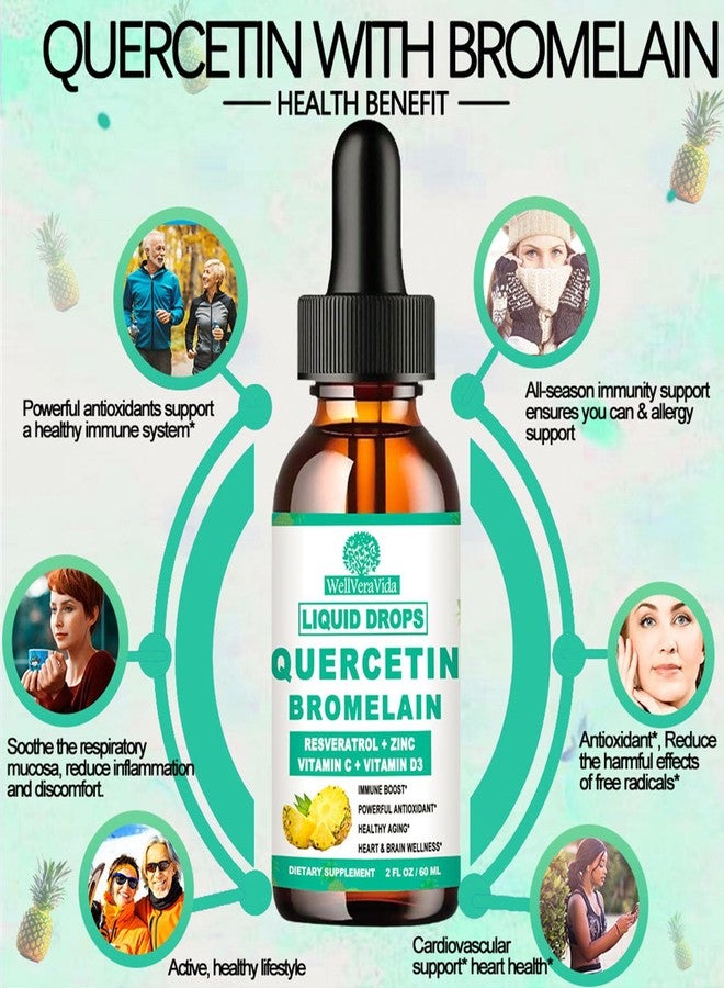 WellVeraVida Quercetin with Bromelain Liquid Drops, 4X Stronger Than Capsules & Pills, 7-in-1 Organic Zinc Quercetin 1000mg with Bromelain 500mg Vitamin C D3 Immune Support for Respiratory Health & Antioxidant - Image 2