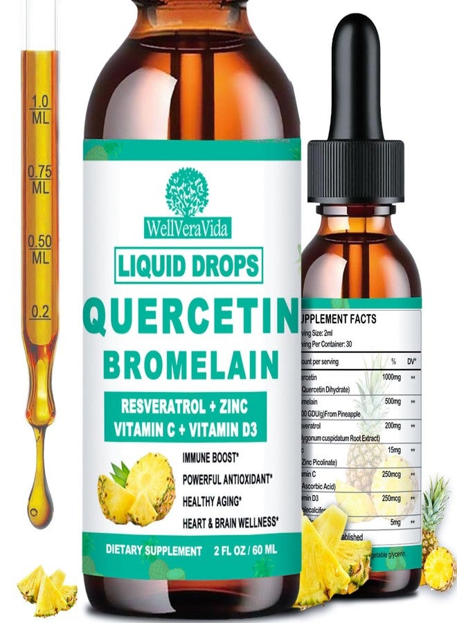 WellVeraVida Quercetin with Bromelain Liquid Drops, 4X Stronger Than Capsules & Pills, 7-in-1 Organic Zinc Quercetin 1000mg with Bromelain 500mg Vitamin C D3 Immune Support for Respiratory Health & Antioxidant - Image 1