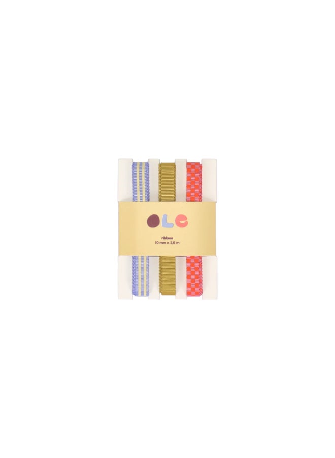 KadoDesign Ole Ribbed Ribbon Set - 3 Pack, Stripe, Plain, and Checkerboard - Image 1
