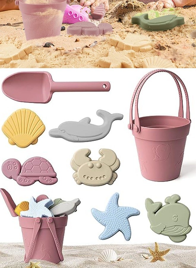 VUCATIN Silicone Sand Toys for Baby with Portable Beach Bag - Kids Beach Set with Beach Toy Molds Shovel Bucket Set - Sand Toys Toddler Sandbox Toys for Kids Outdoor Summer Playset (Pink)  - Image 1