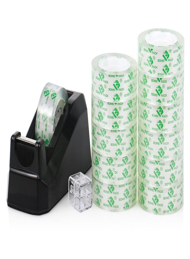 BOMEI PACK Tape Dispensers Desk, 1 Pack Black with 12Rolls Transparent Tape, 1 Inch Core, for Gift Wrapping, School, Office and Home - Image 1