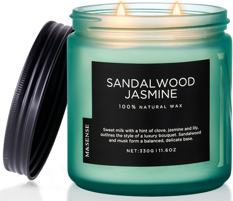M&SENSE Sandalwood Jasmine Scented Candle, 11.6oz 2 Cotton Wick Home Decor Gift for Relaxation, 70 Hours Burn Time Clean Non-Toxic, Natural Soy Wax for Bathroom Bedroom - Image 1