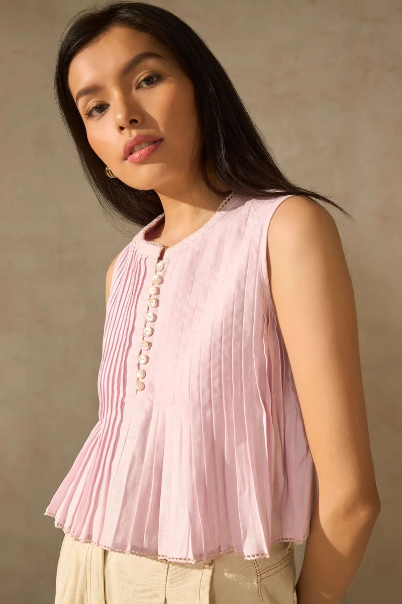 فيرجيو Cotton Button Daywear Up Pleated Tops for Women
