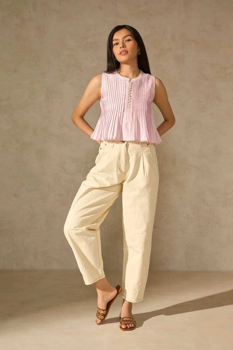 Virgio Cotton Button Daywear Up Pleated Tops for Women