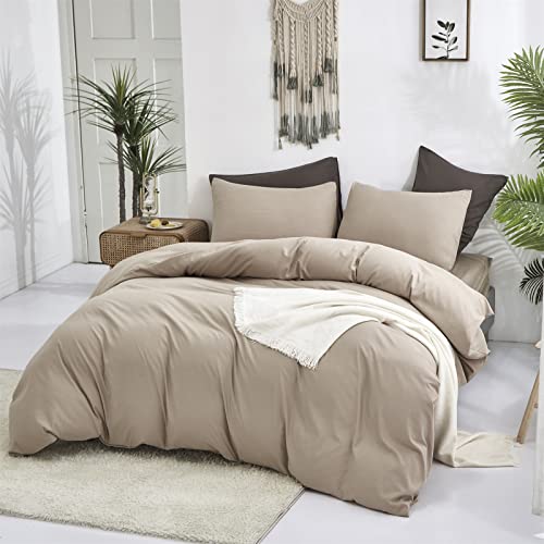 Cottonight Cream Coffee Comforter Set Full Khaki Bedding Comforter Set Dark Champagne Solid Blanket Quilts Modern Soft Breathable Cream Khaki Taupe 3 Piece Light Coffee Bedding Set for Women Men - Image 3