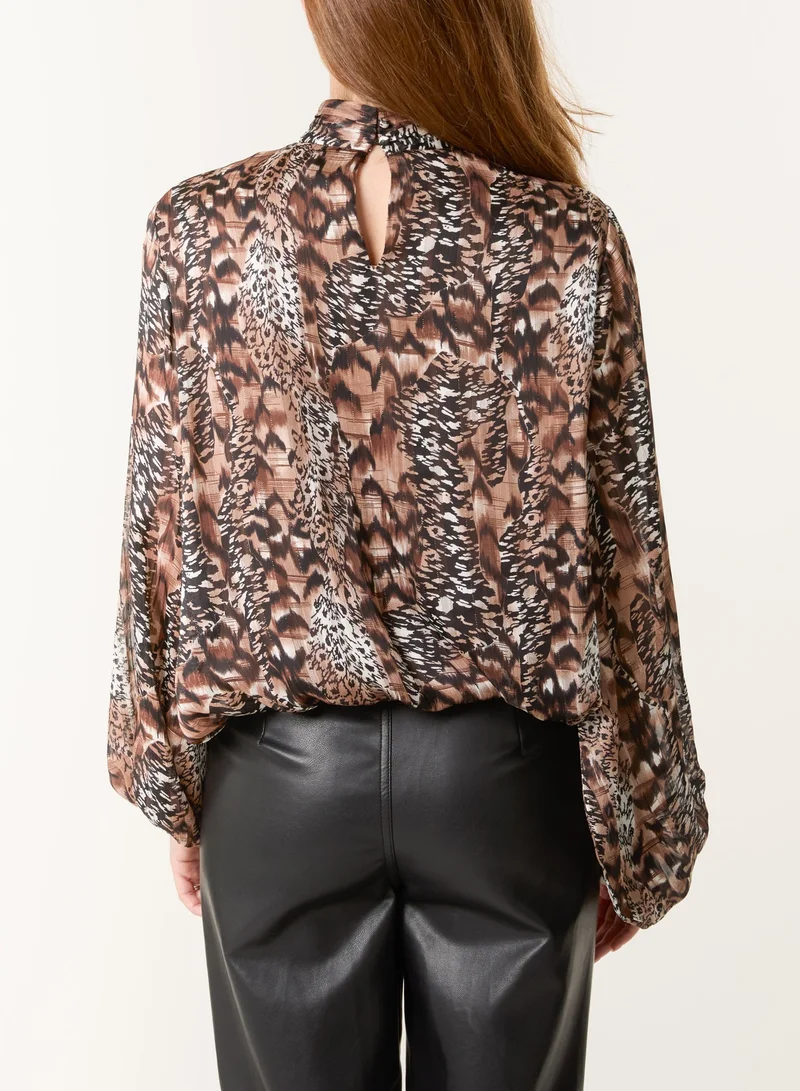 Blue Vanilla Multi Animal Print Bubble Hem High Neck Blouse