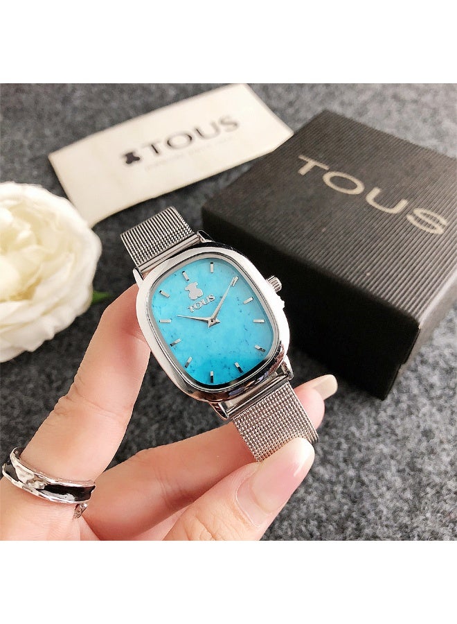 TOUS Oval Dial Watch with Turquoise Face and Silver Mesh Band