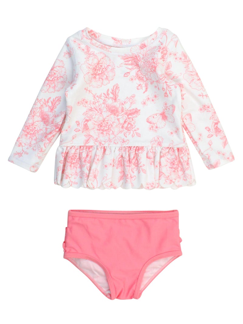 RuffleButts Baby/Toddler Girls Scalloped Long Sleeve Rash Guard 2-Piece UPF50+ Sun Protected Swimsuit - Bubblegum Pink Butterfly Garden Toile, 4T - Image 1