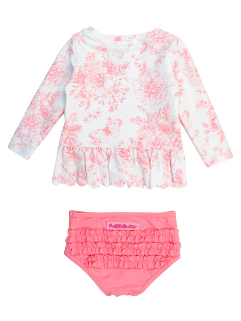 RuffleButts Baby/Toddler Girls Scalloped Long Sleeve Rash Guard 2-Piece UPF50+ Sun Protected Swimsuit - Bubblegum Pink Butterfly Garden Toile, 4T - Image 4