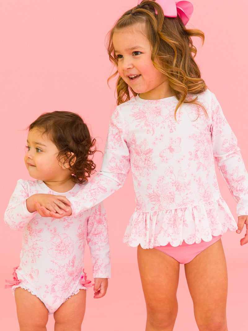 RuffleButts Baby/Toddler Girls Scalloped Long Sleeve Rash Guard 2-Piece UPF50+ Sun Protected Swimsuit - Bubblegum Pink Butterfly Garden Toile, 4T - Image 3