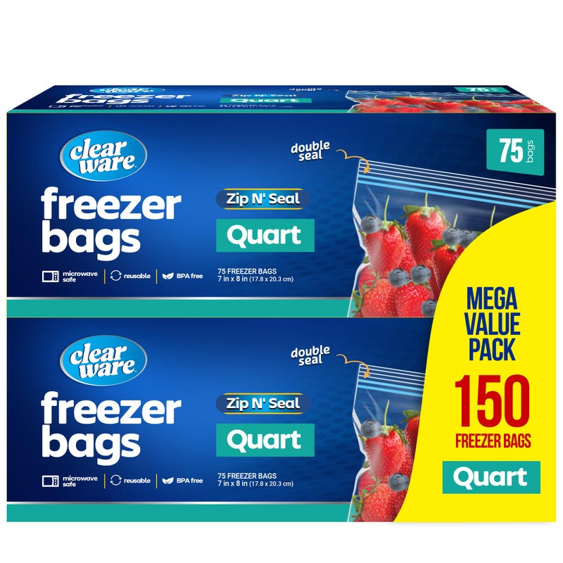 CLEARWARE Quart Freezer Bags Double Zipper Seal 150 Count 2 Packs of 75 Resealable Plastic Freezer Containers Reusable Pouches for Food Storage Meat Fresh Vegetables Fruit MicrowaveSafe BPA Free