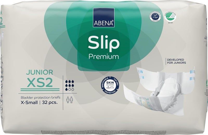 Abena Hypoallergenic Slip Junior Premium Incontinence Briefs, for Juniors Aged 5-15, Eco-Labeled, Level 2, 32 Count