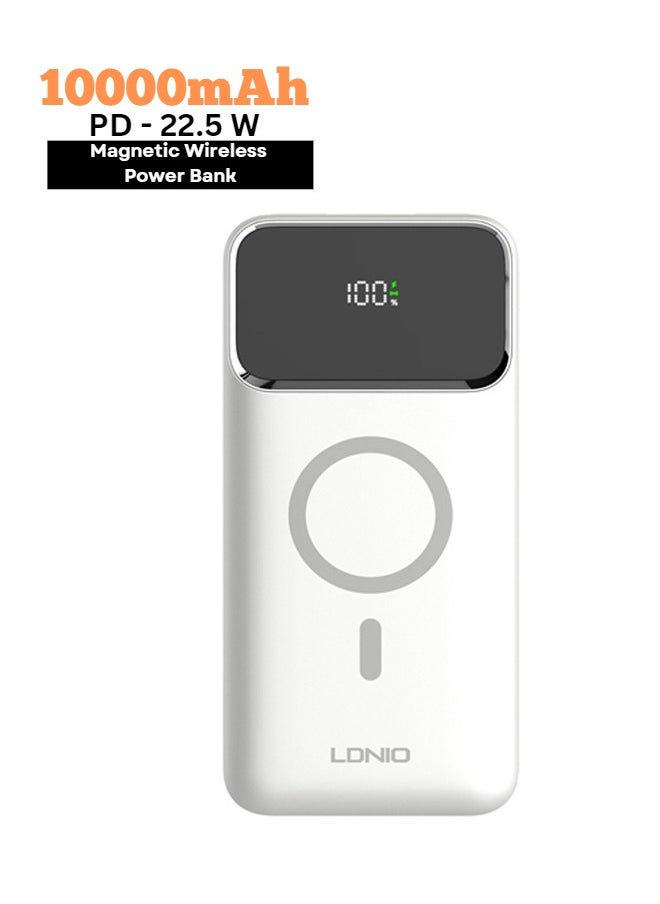LDNIO - 10000 mAh Wireless Power Bank Magnetic MagSafe Wireless Portable Charger Fast Charging Charger PD 22.5W Wired Charging iPhone MagSafe Charger Battery Pack For iPhone Series, Airpods, Samsung White - Image 1