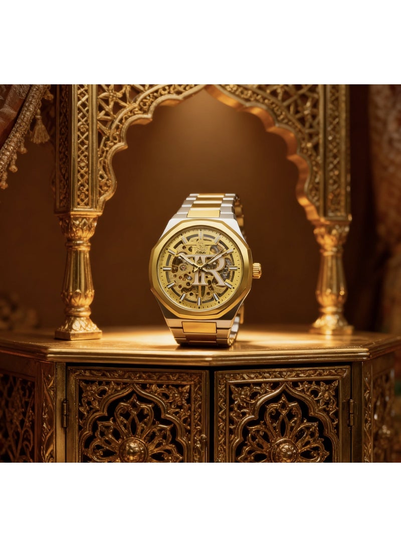 tr أمطار في الوقت المناسب ساعة رجالية ميكانيكية من الفولاذ المقاوم للصدأ مطلية بالذهب، مينا أبيض - Image 5