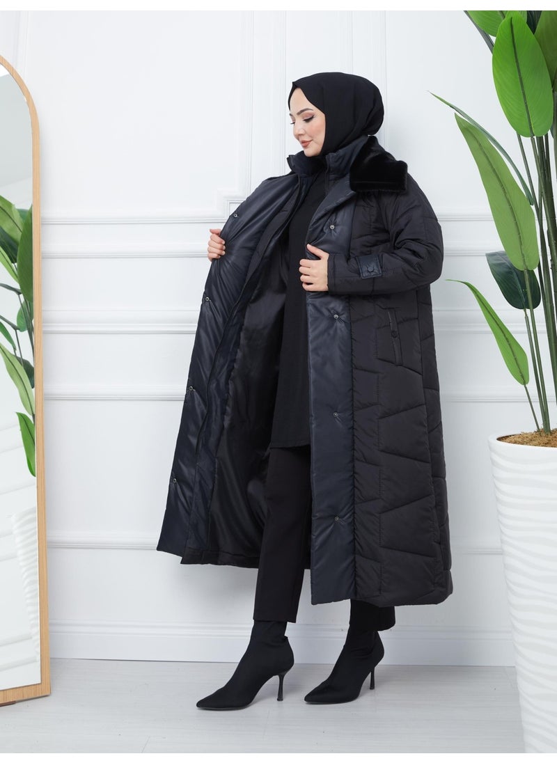 Günay Karaca Inflatable Women's Winter Coat Fiber Filling Collar Fur 20243  - Image 3
