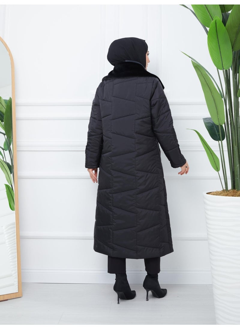 Günay Karaca Inflatable Women's Winter Coat Fiber Filling Collar Fur 20243  - Image 4