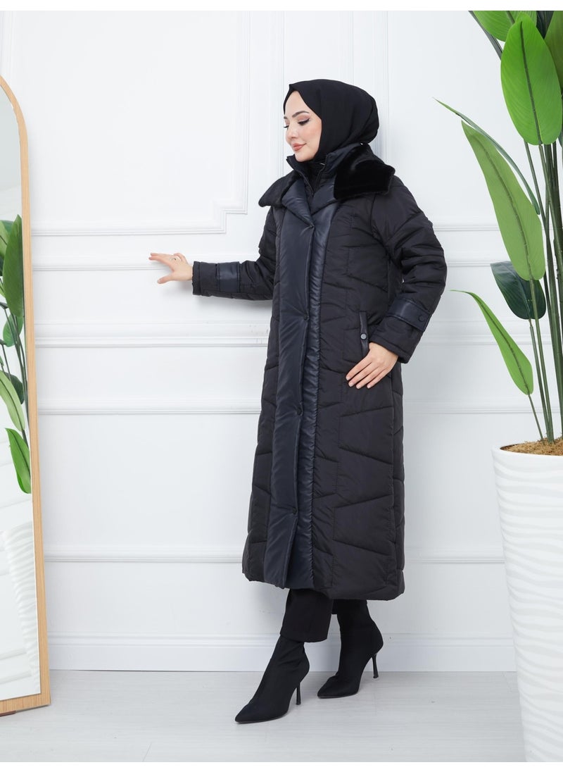 Günay Karaca Inflatable Women's Winter Coat Fiber Filling Collar Fur 20243  - Image 2