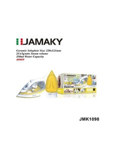 JAMAKY Italy 4000W Steam Iron from Jamaki for dry and steam ironing Steam iron with water basin Water basin cover Easy to fill the basin with water Easy to control temperature and steam ratio Base made of safe steel for clothes Non-stick indicator to indicate the start of ironing Comfortable handle for comfort while ironing Self-cleaning feature The upper tip of the iron helps to reach difficult areas of clothes and ease of straightening Model (JMK1098) (Italian 